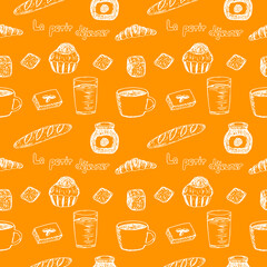 Seamless pattern French Breakfast set, vector illustration, croissant, brioche, baguette, bread, coffee, juice, jam, hand drawing, orange background