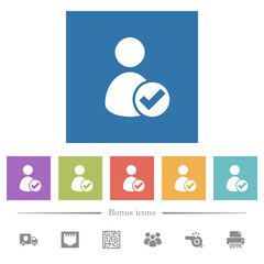 User account accepted flat white icons in square backgrounds