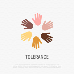 International day of tolerance. Multicultural partnership, pacifism, support and help to integration. Hands of different nationalities. Flat icon. Vector illustration.