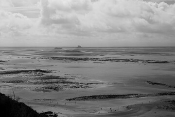 Seaside beach sand mont st michel silhouette black and white