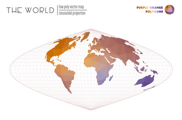 Polygonal map of the world. Sinusoidal projection of the world. Purple Orange colored polygons. Amazing vector illustration.