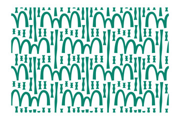 Horizontal seamless pattern of vertical turquoise ink lines and arcs with blunt ends.