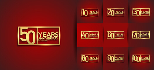 Anniversary logotype set with golden color on red background. vector design for celebration purpose, greeting, invitation card and special event