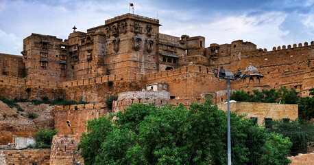 Fototapeta na wymiar Jaisalmer, India - August 2020: Facade of the Jaisalmer Fort Palace on August 20, 2020 in Jaisalmer, Rajasthan, India.