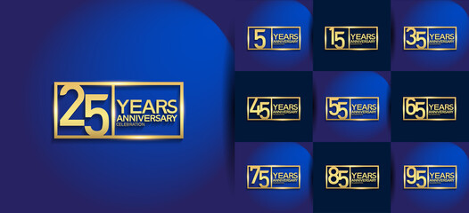 Anniversary logotype set with golden color on blue background. vector design for celebration purpose, greeting, invitation card and special event