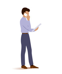 Young businessman is discussing business on the phone. He holds a document in his hand. Vector isolated illustration of a man.