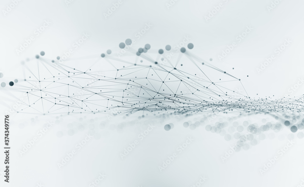 Poster Global network. Blockchain 3D illustration. Neural networks and artificial intelligence. Concept of cyberspace. Abstract technological background with polygon mesh