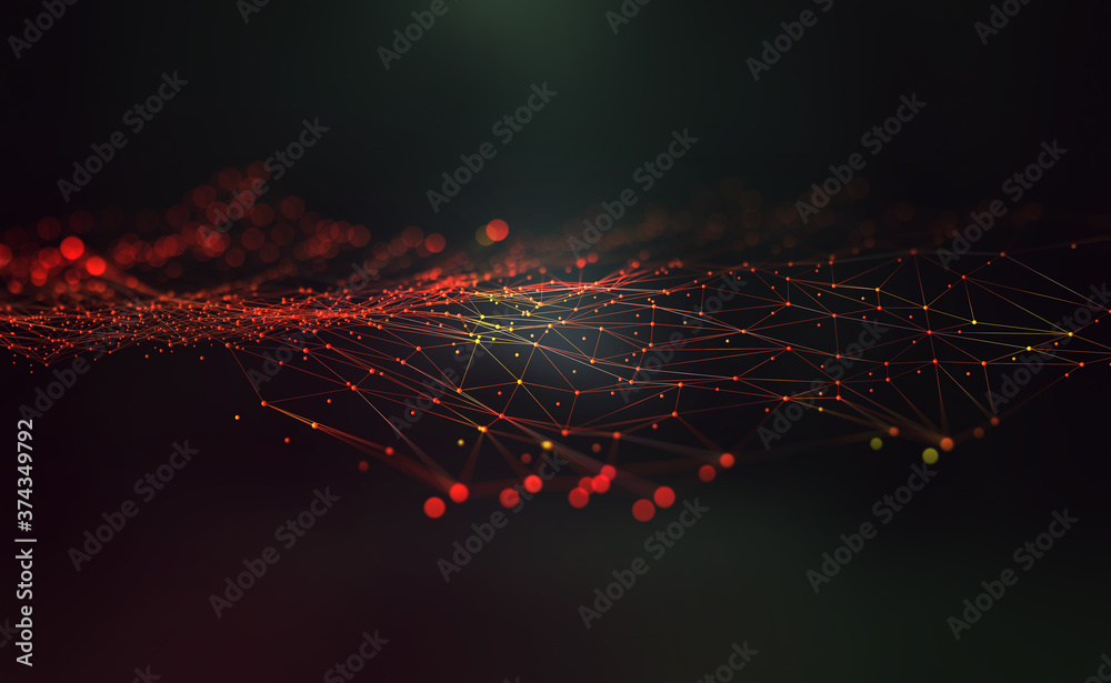 Aufkleber Global network. Blockchain 3D illustration. Neural networks and artificial intelligence. Concept of cyberspace. Abstract technological background with polygon mesh