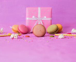 colorful celebration background with gift and cakes