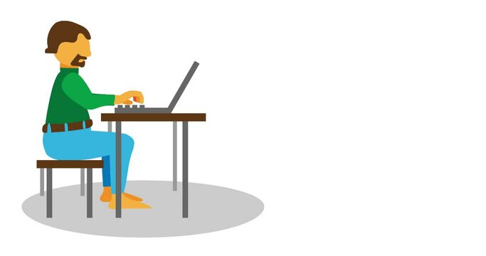 A man sits at a table and prints on a laptop. resolution working from home, desk job illustration footage.