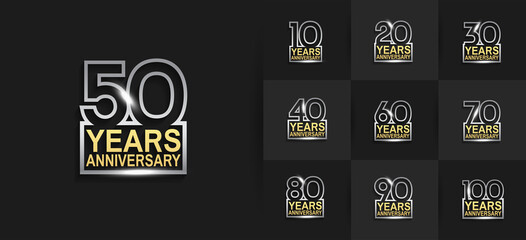 Anniversary logotype set with silver and golden color on black background. vector design for celebration purpose, greeting, invitation card	and special event
