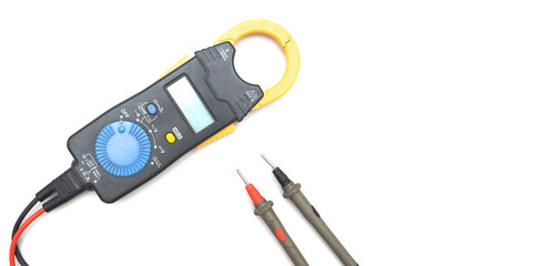 close-up hand hold multimeter isolated on white background