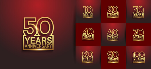 Anniversary logotype set with golden color on red background. vector design for celebration purpose, greeting, invitation card and special event