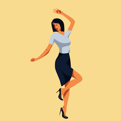 Fototapeta na wymiar Young woman in black skirt and white shirt is standing in a dancing pose with her hands widely spread. Elegantly Dressed in Formal Suit business woman celebrates working success.