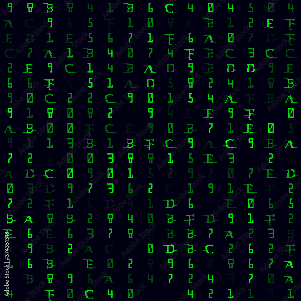 Fototapete Tech pattern. Green filled hexadecimal seamless pattern. Authentic background. Attractive vector illustration.