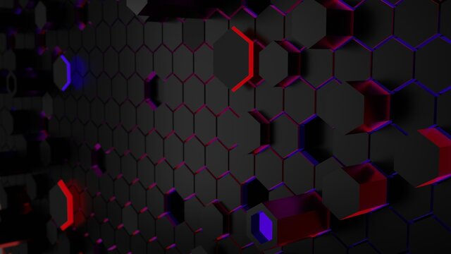 Hexagonal geometric background, light red and purple surround with black. 3d rendering.