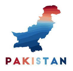 Pakistan map. Map of the country with beautiful geometric waves in red blue colors. Vivid Pakistan shape. Vector illustration.
