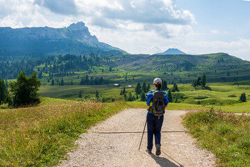 Obraz premium Young woman with a hat, trekking poles, a backpack hiking on a trail through green meadows in the Italian Alps. Dolomite peaks are visible in the background. Val Badia, South Tyrol - Italy
