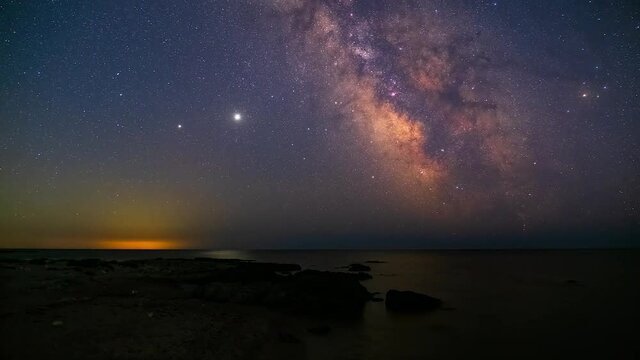 milky way at the beach and sea vertical pano timelapse