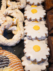 Delicious pastries on the shelves of the store