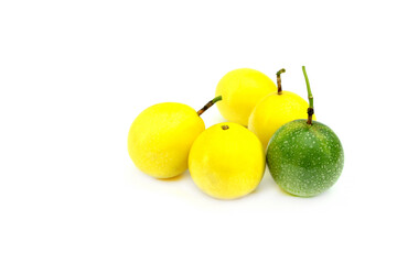 Group Yellow and green passion Fruit isolated on white background. Sour tropical fruits in Asia Thailand