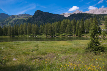 Panoramic view of San Pellegrino lake near Moena in Trentino, Italy