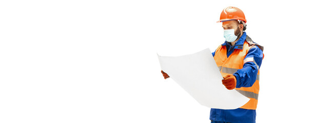 Handsome contractor, builder isolated over white studio background. Concept of professional occupation, work, job, building, investment. Copyspace for ad, text. Caucasian man wearing equipment. Flyer