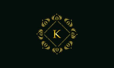Exquisite round monogram with the letter K. Golden creative logo on a dark green background. Vector illustration of business, cafe, office, restaurant, heraldry.