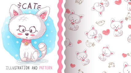 Fototapeta premium Cute love kitty - seamless pattern