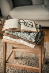 Obraz na płótnie Canvas Toned photo. Autumn decor. Knitted sweaters, book, glasses . Cozy. Autumn.