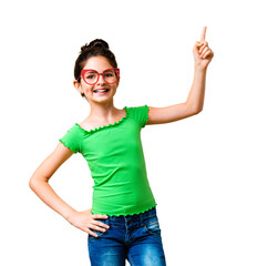 Aha! Evrika! Very happy excited cute little girl in green smart casual clothing and red glasses showing up or copy space for some text. Success and advertising concept. Isolated over white background.