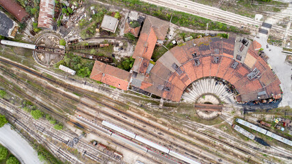 Aerial view of roundhouse and railway turntable at the locomotive depot, Varna Bulgaria