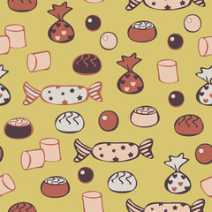 Vector seamless pattern of different candies in a warm colors on a light chocolate background. Design concept for sweets shop.