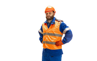 Handsome contractor, builder isolated over white studio background. Concept of professional occupation, work, job, building, investment. Copyspace for ad, text. Caucasian man wearing equipment.