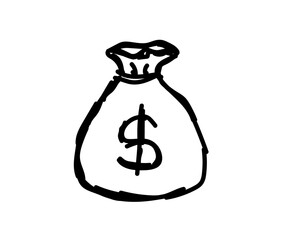 Money bag and coins on a white background. Sketch. Vector illustration. 