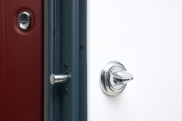 Handle details entrance door finished with wood veneer aтв stone blue steel color	