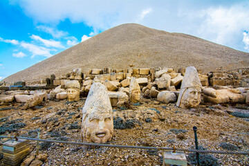 Nemrut has giant sculptures and reliefs were built on the monumental tomb made for Antiochus I the...