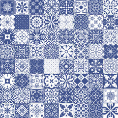 Big set of tiles background in portuguese style in blue. Mosaic pattern for ceramic in dutch, portuguese, spanish, italian style.