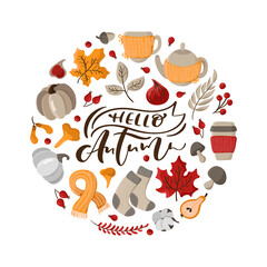 Hello Autumn Vector Calligraphy lettering text. Round background frame wreath with yellow leaves, pumpkin, mushrooms and autumn symbols