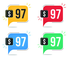 97 dollar price. Yellow, red, blue and green currency tags with speech balloon concept vector.