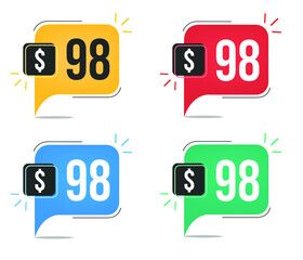 98 dollar price. Yellow, red, blue and green currency tags with speech balloon concept vector.