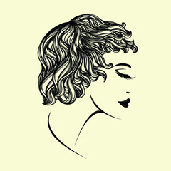 Beautiful woman with short, curly hairstyle and elegant makeup.Style, beauty salon and hairdresser  logo.Cosmetics and spa icon.Young lady portrait.Cute face.Profile view.