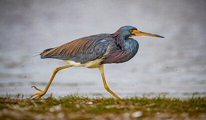 A running blue heron next to pond in Florida