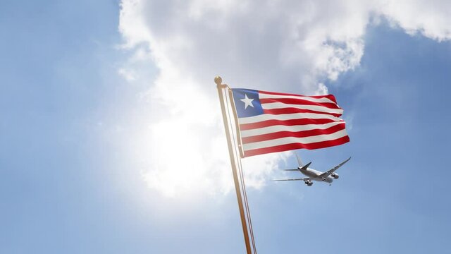 Flag of Liberia Waving with Airplane arriving or departing, Realistic Animation