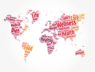 WELLNESS word cloud in shape of world map, social concept background