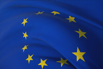 Waving flags of the world - Official EU flag. European Union Flag. Closeup view, 3D illustration.