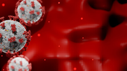 Close-up image of Corovavirus (Covid-19) cell by microscope in blood. Background  3d rendering.