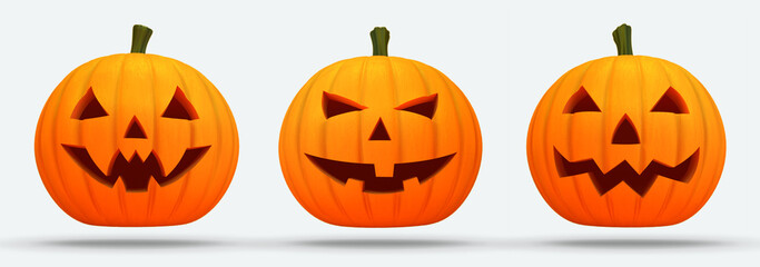 Three isolated scary halloween pumpkins on white background with shadow on ground. Halloween holiday elements as 3d illustration.