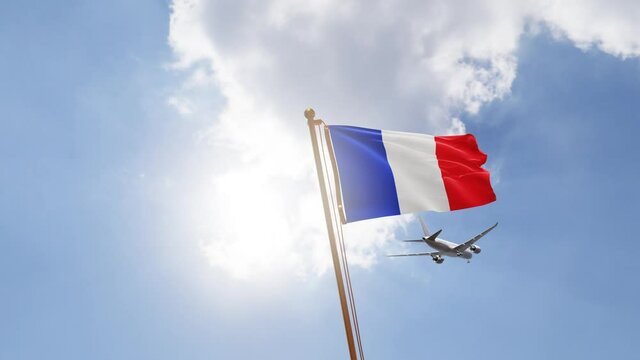 Flag of France Waving with Airplane arriving or departing, Realistic Animation