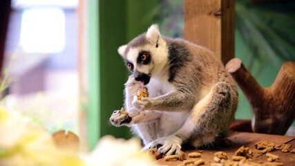 Ring-tailed lemurs (Lemur catta) feeding in a wildlife park in Uk. This primate is one of the most recognised lemur due to its long, black and white ringed tail.